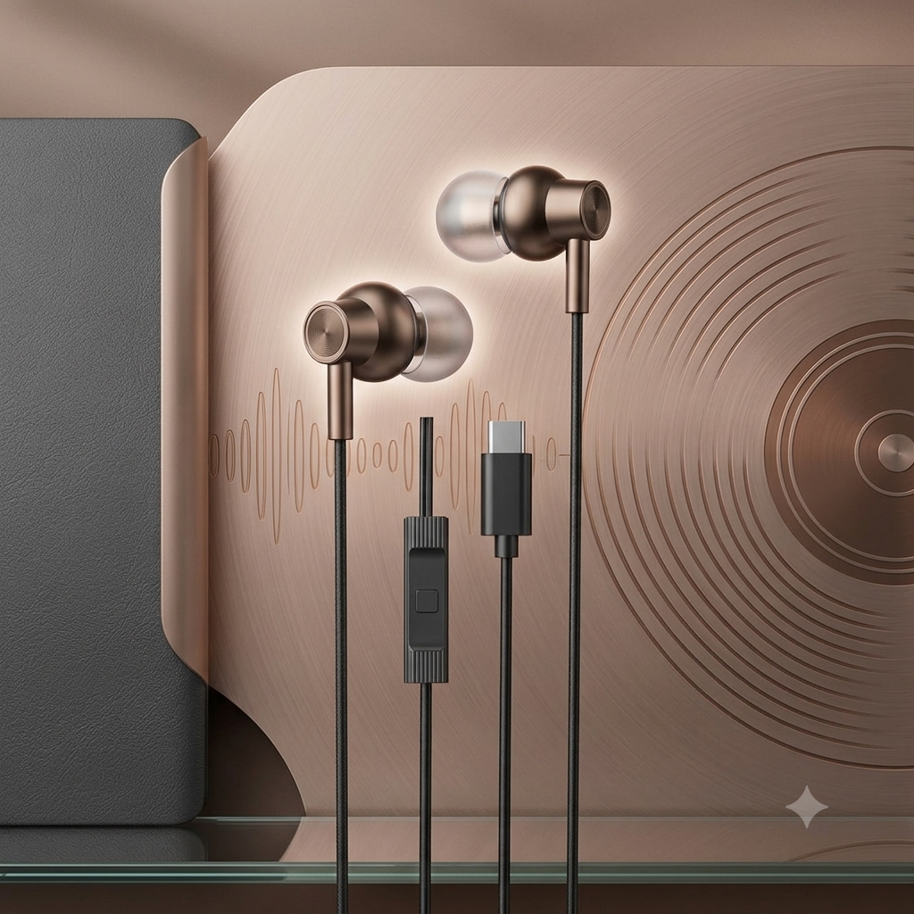 A pair of wired in-ear headphones with metallic rose-gold earbuds and black cables, shown against a stylized warm metallic background with a vinyl record graphic.