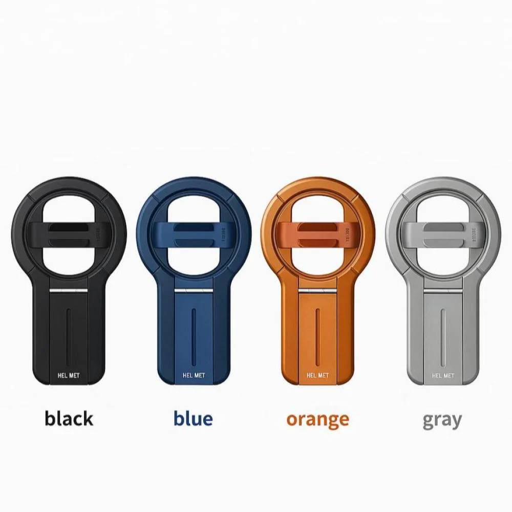 Four small ring-shaped accessories shown in black, blue, orange, and gray, each with a small white 'HELLO' mark near the bottom. Color names are printed below each item on a light gray background.