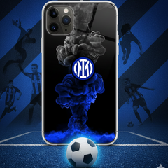 Phone case with soccer-themed design featuring a logo on a blue and black striped background.