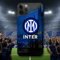 Phone case with Inter Milan logo against a stadium background