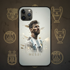 Phone case with a soccer player's image and various logos on a dark background