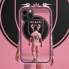 Phone case with a soccer player in a pink jersey and 'Miami' logo on a pink background