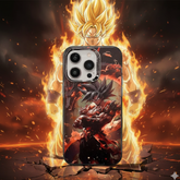 Phone case with character design on a fiery background