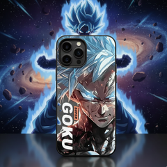 Phone case with Super Goku design against a space-themed background