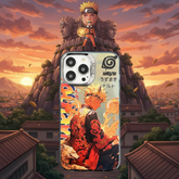 Phone case with anime character design against a sunset cityscape background