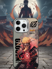 Phone case with Naruto design on a background with flames and a moon.