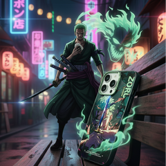 Character with green hair and a sword in a neon-lit street, holding a phone case with a similar design.
