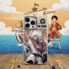 Phone case with character design on a wooden surface with a ship and sea background
