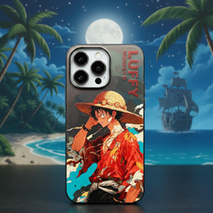 Phone case with character design against a tropical night scene with palm trees and a ship.