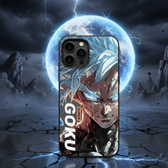 Phone case with Goku design against a dark, moonlit landscape