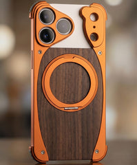 Phone case with wooden back and orange border on a blurred background