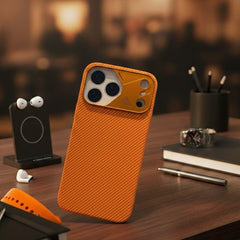 Luxury Orange Aramid Fiber Case with Mechanical Metal Camera Shield