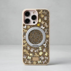 Phone case with decorative elements and ring holder on a gray background