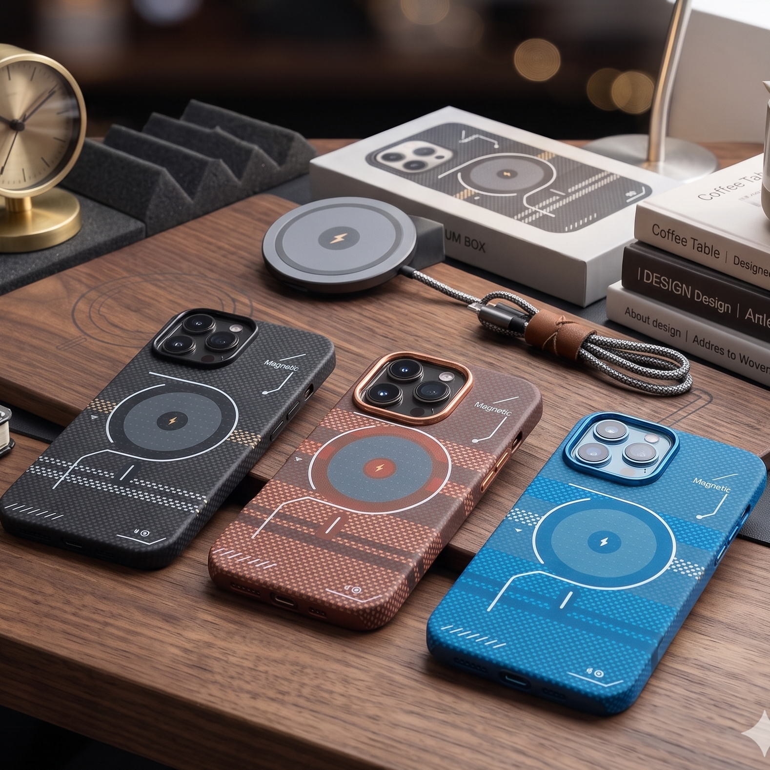 Three iPhone cases displayed on a wooden desk, each with a different color and woven circular pattern: black, copper/bronze, and blue. The scene includes a lamp, books, a small plant, a clock, and a wireless charging pad in a styled indoor setting.