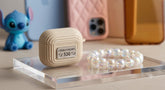 Cute Ribbed Purple AirPods Case with Heart Emblem and Beaded Wristlet Charm - Elite Phones