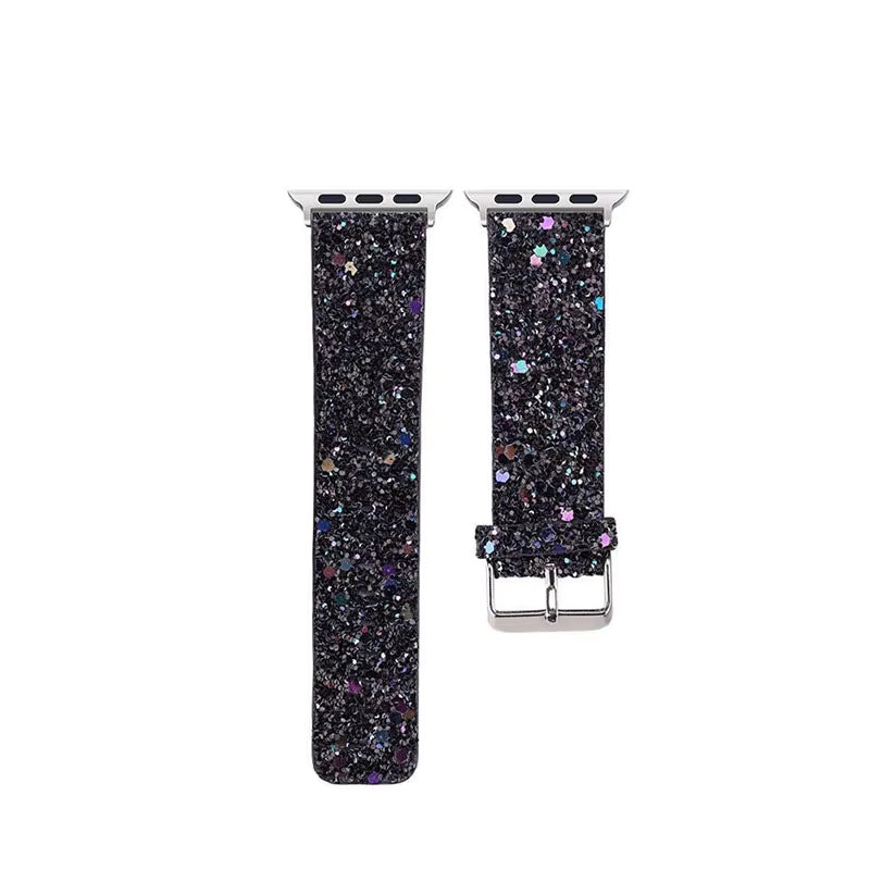 A black glitter watch band with silver metal hardware, shown in two views against a plain white background.