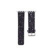 A black glitter watch band with silver metal hardware, shown in two views against a plain white background.