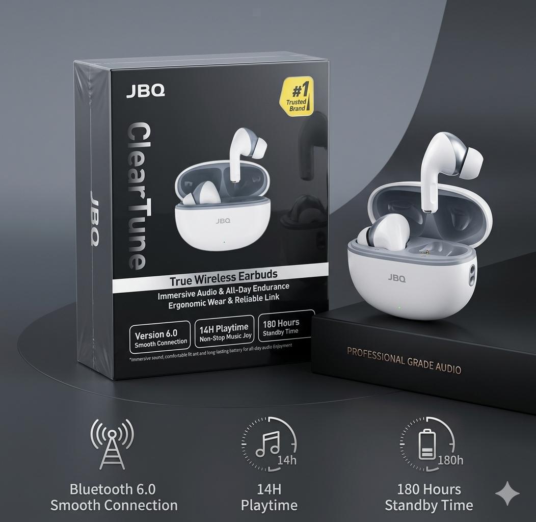 JBQ ClearTune TWS Earphones: Immersive Sound, 14H Battery, Ergonomic Bluetooth 6.0 Design - Elite Phones