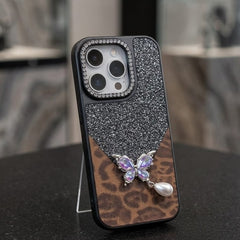 Luxury Glitter & Leopard Butterfly Case with Pearl Pendant - Elite Phones