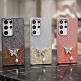 Luxury Glitter & Leopard Butterfly Case with Pearl Pendant For Samsung - Elite Phones