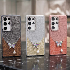 Luxury Glitter & Leopard Butterfly Case with Pearl Pendant For Samsung - Elite Phones