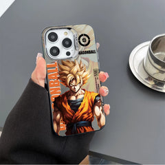 Phone case with Dragon Ball Z character design held by a hand on a gray surface