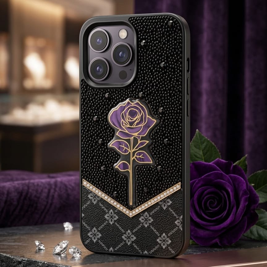 Premium Royal Purple Rose 3D Diamond - Encrusted Luxury Leather Case - Elite Phones