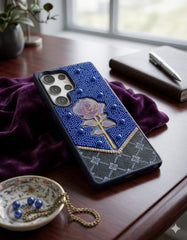 Premium Royal Purple Rose 3D Diamond-Encrusted Luxury Leather Case - Elite Phones