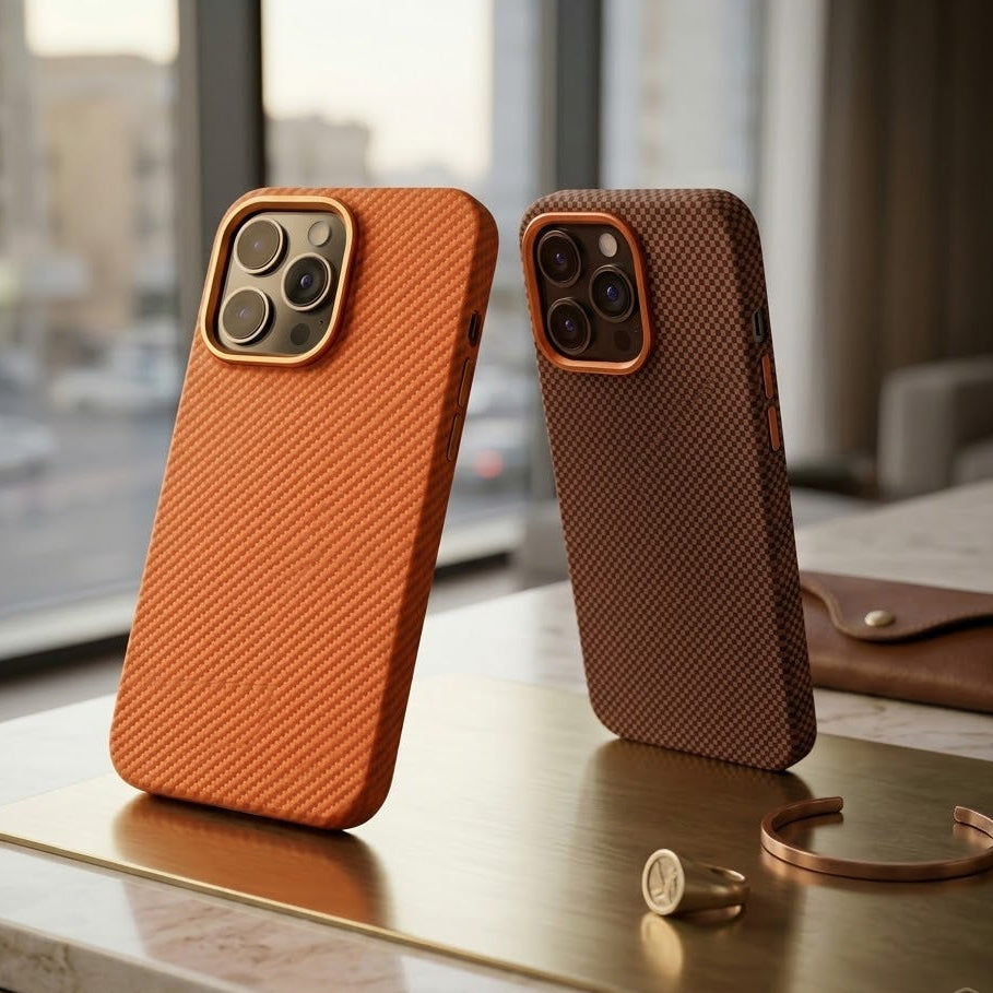 Two orange phone cases on a reflective surface with a blurred background