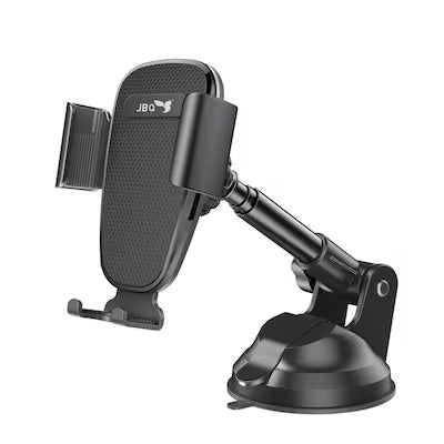 Black JBO car phone mount with a suction cup base, adjustable arm, and textured phone holder, shown on a plain white background.