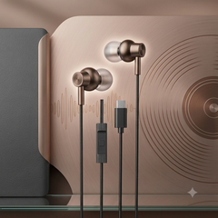 A pair of wired in-ear headphones with metallic rose-gold earbuds and black cables, shown against a stylized warm metallic background with a vinyl record graphic.