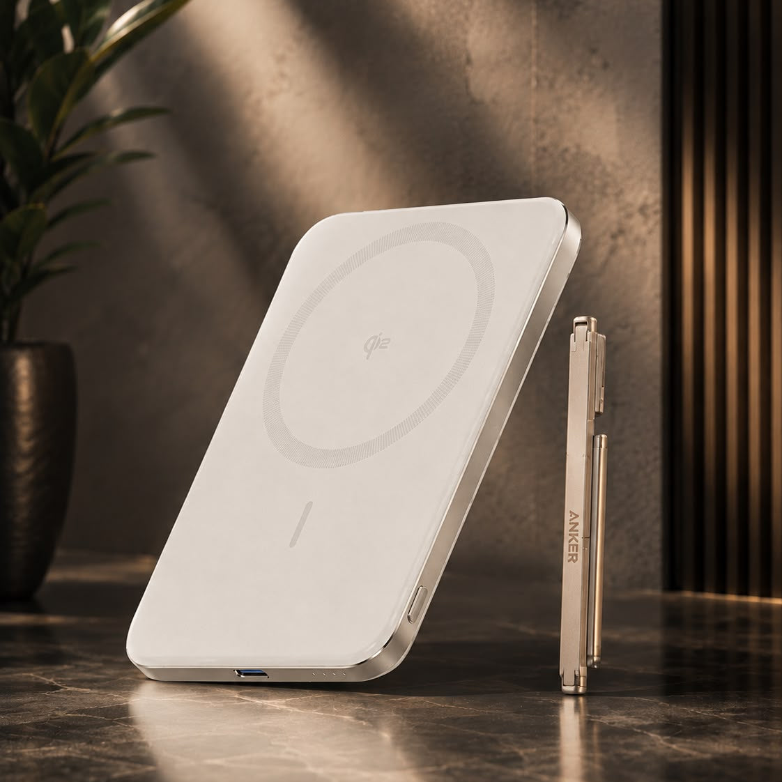 A white wireless charging pad with a circular charging symbol on its surface, shown standing upright on a dark marble surface next to a metallic pen. The background features a textured gray wall with warm sunlight shadows and a potted plant on the left.