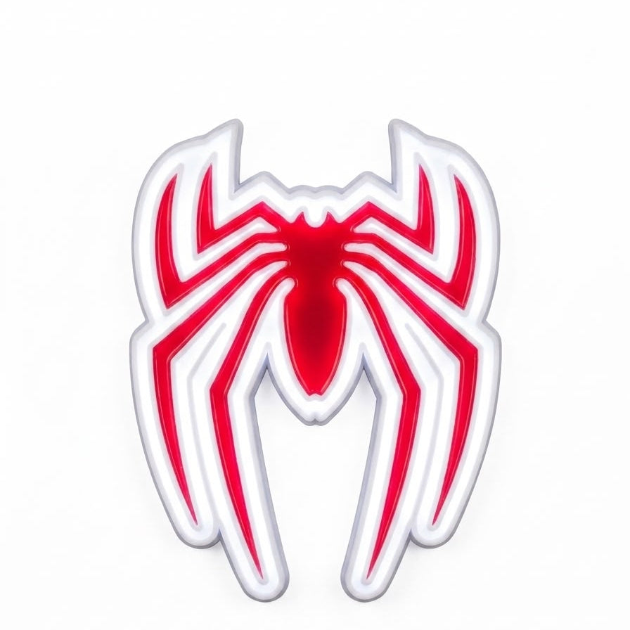A red and white spider emblem or patch centered on a plain white background.