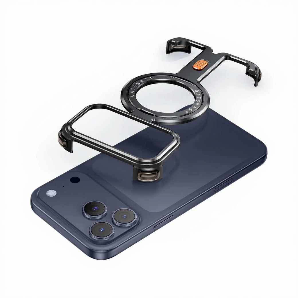 A black metal phone camera accessory with a circular lens protector and a rectangular frame, shown mounted over a dark blue smartphone on a clean white background.