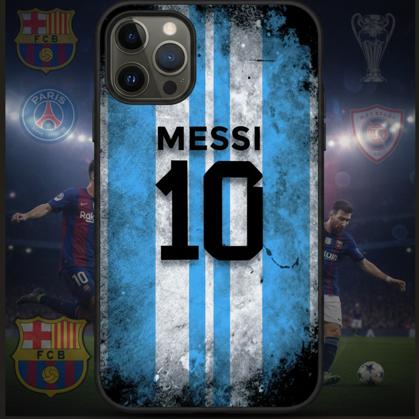 Phone case with Messi 10 design on a dark background with sports team logos.
