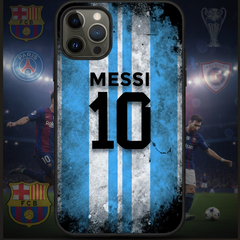 Phone case with Messi 10 design on a dark background with sports team logos.