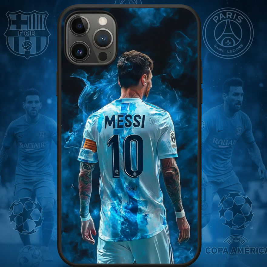 Phone case with a soccer player in a blue and white jersey, featuring the number 10 and the name 'Messi'.