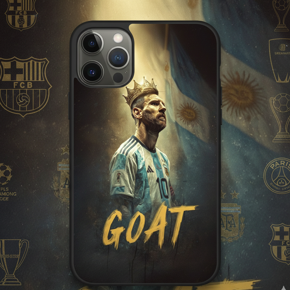 Phone case with a soccer player and 'GOAT' text on a background with logos and flags