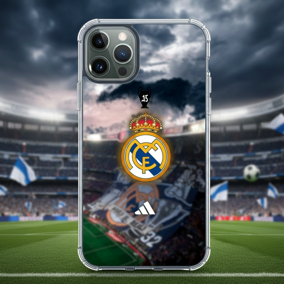 Phone case with Real Madrid logo and Adidas on a soccer stadium background
