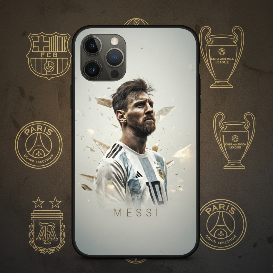 Phone case with a soccer player's image and various logos on a dark background