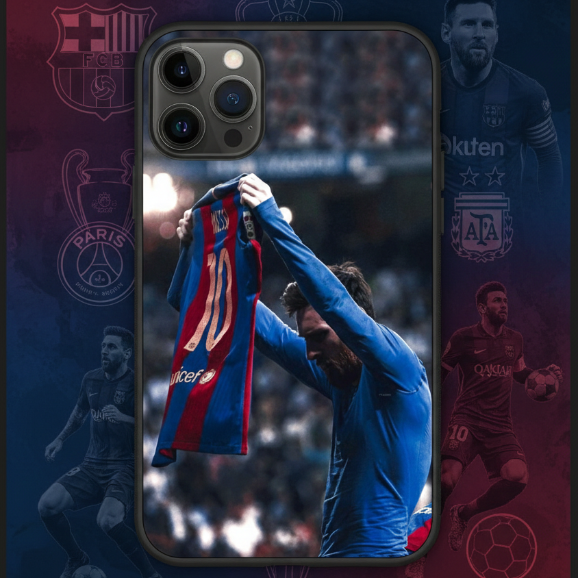 Phone case with a soccer player holding a jersey against a blurred sports event background