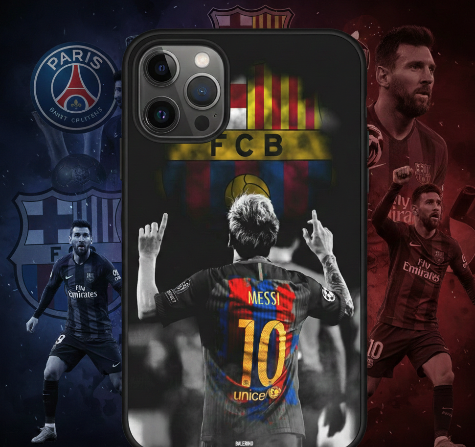 Phone case with soccer player and team logos on a dark background