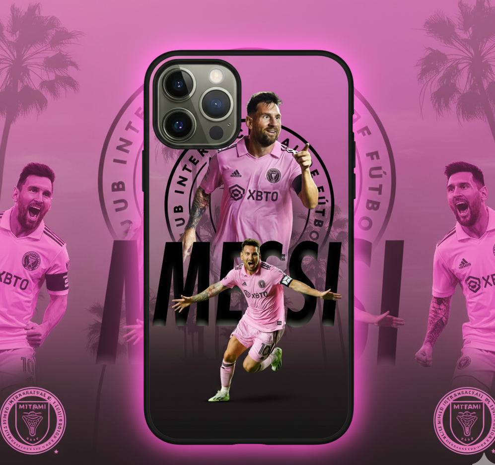Phone case with soccer player in pink jersey on a pink background