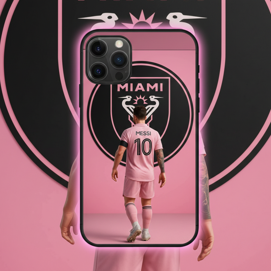 Phone case with a soccer player in a pink jersey and 'Miami' logo on a pink background
