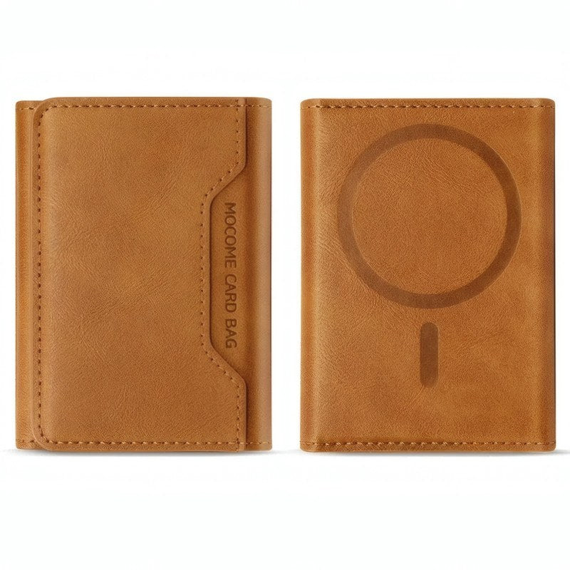 Two tan leather card holder wallets shown side by side on a white background. The left wallet shows a card slot with the text 'MOOCHE CARD BAG' printed vertically, and the right wallet shows a magnetic circular charging coil cutout.