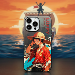 Phone case with character design against a sunset and ship background