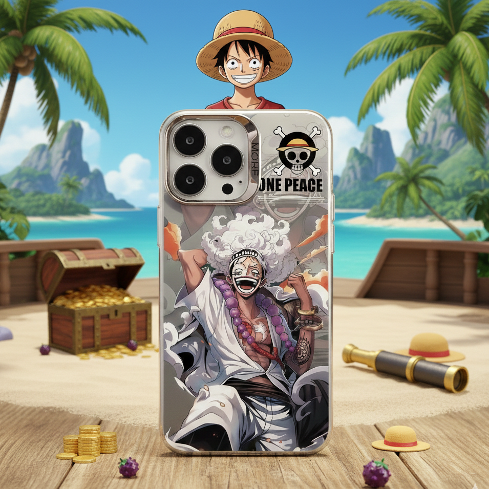 Phone case with character design on a beach background
