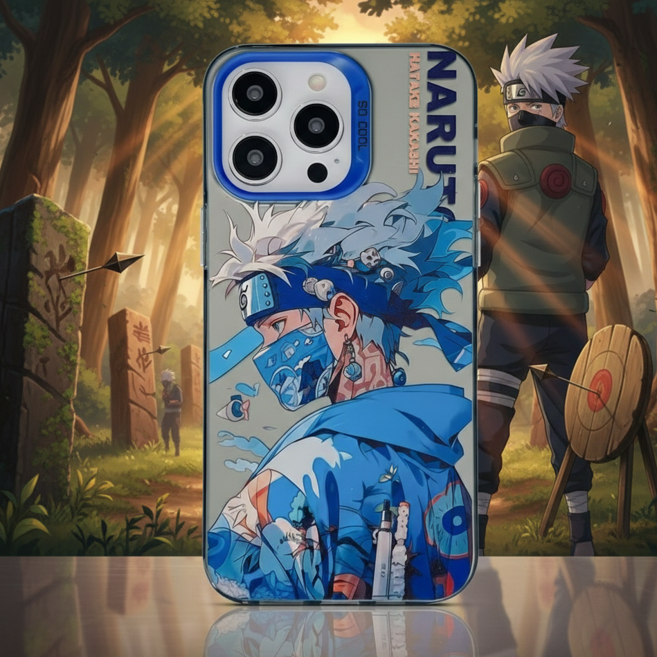 Phone case with Naruto design in a forest setting