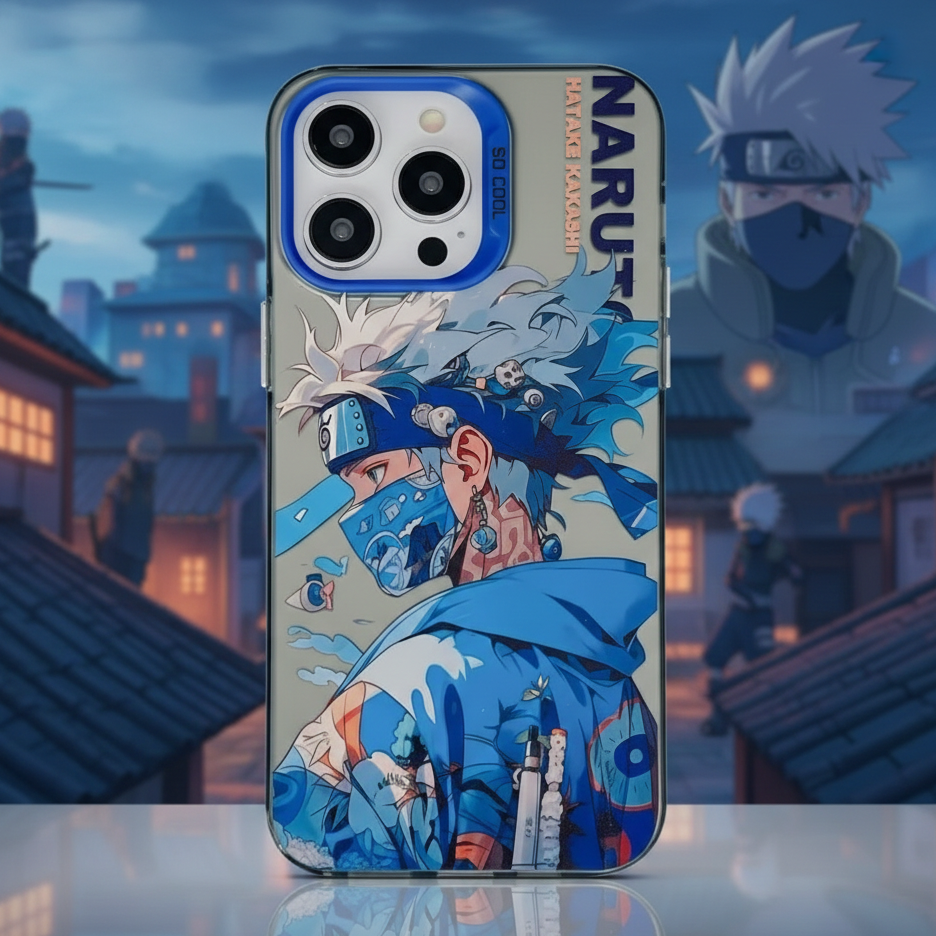 Phone case with Naruto character design on a blurred anime-style cityscape background