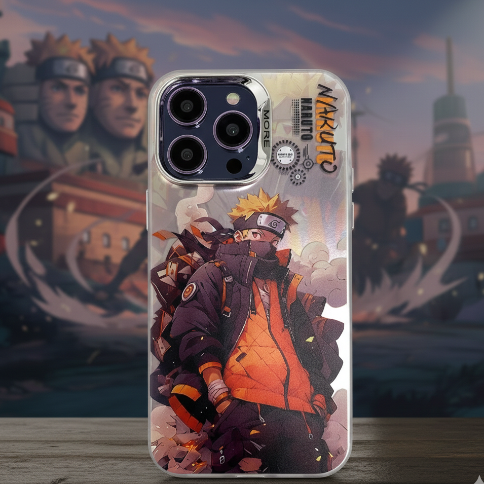 Phone case with anime character design on a wooden surface with a blurred background